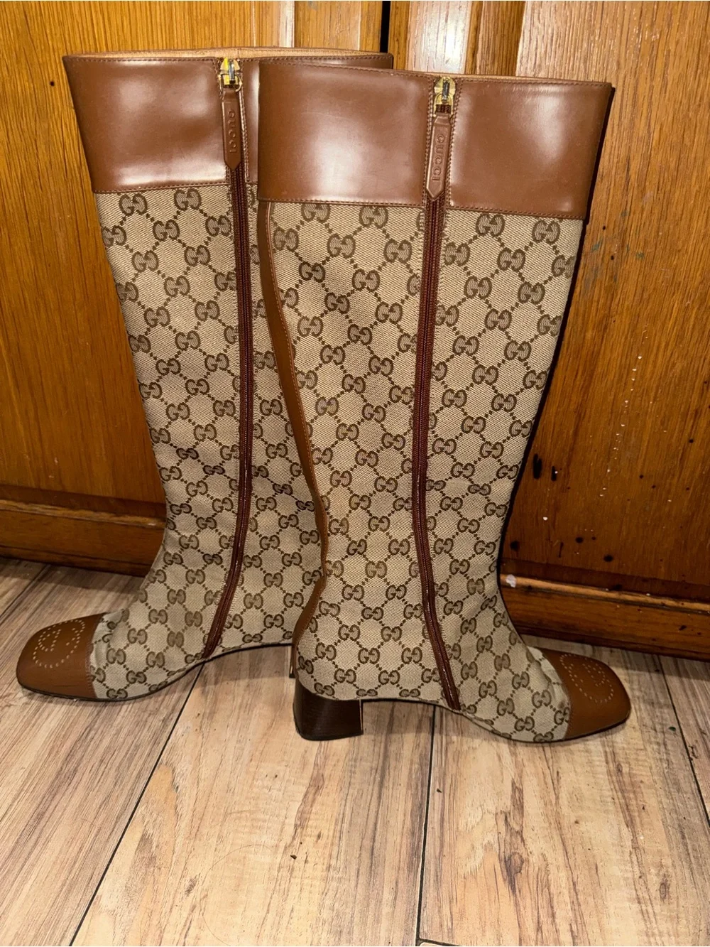 Gucci Beige & Brown Monogram Over-the-Knee Buckle Boot